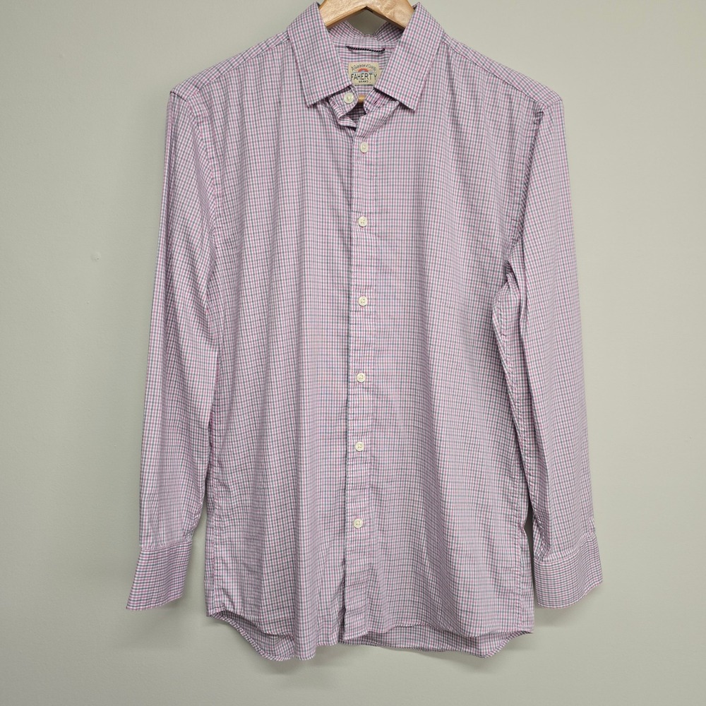 Faherty Movement Shirt Men Small Pink Blue Gingham Button Stretch Preppy